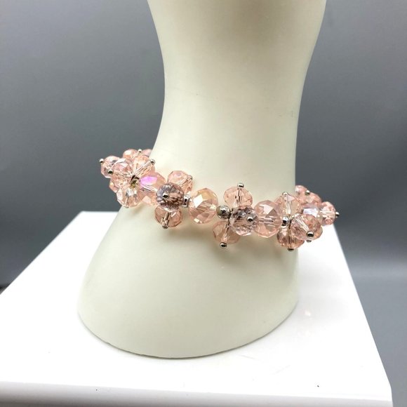 Stretch AB Crystals ChaCha Bracelet, Beaded Blush Pink Pastel Coquette Vintage - Picture 3 of 5